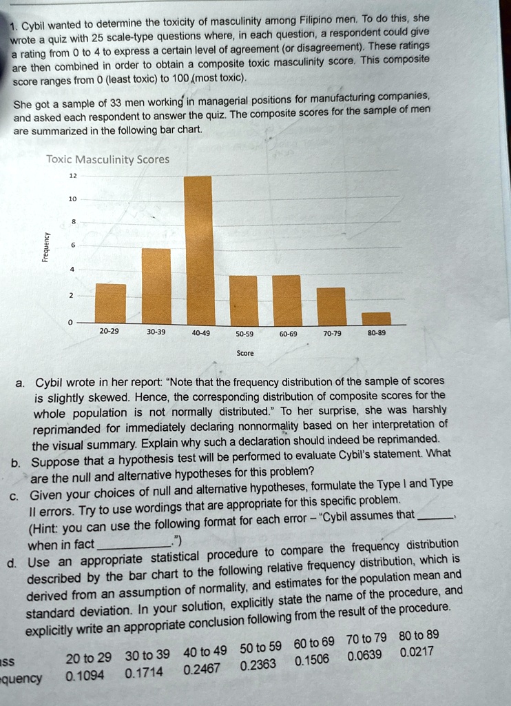 1 cybil wanted to determine the toxicity of masculinity among filipino men to do this she wrote a quiz with 25 scale type questions where in each question a respondent could give a rating fr 05352
