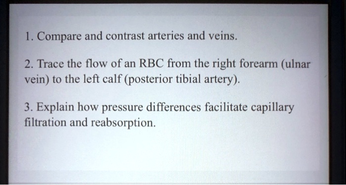 1. Compare and contrast arteries and veins. 2. Trace the flow of an RBC ...