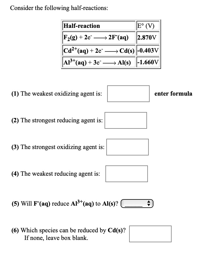 Consider the following half-reactions:

Half-reaction | E° (V)
F2(g) + 2e- ? 2F-(aq) | 2.870V
Cd2+(aq) + 2e- ? Cd(s) | -0.403V
Al3+(aq) + 3e- ? Al(s) | -1.660V

(1) The weakest oxidizing agent is: enter formula
(2) The strongest reducing agent is:
(3) The strongest oxidizing agent is:
(4) The weakest reducing agent is:
(5) Will F-(aq) reduce Al3+(aq) to Al(s)?
(6) Which species can be reduced by Cd(s)? If none, leave box blank.