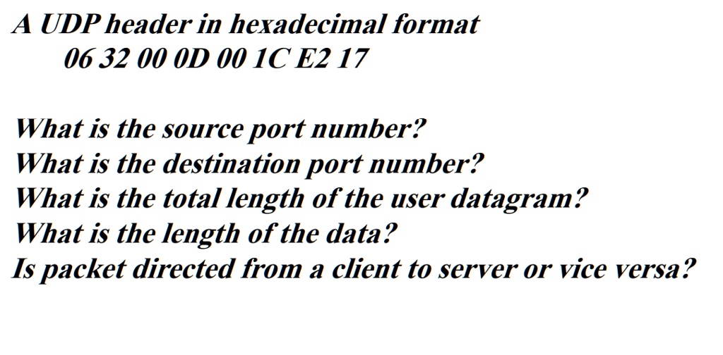A UDP header in hexadecimal format 06 32 00 0D 00 1C E2 17 What is the ...