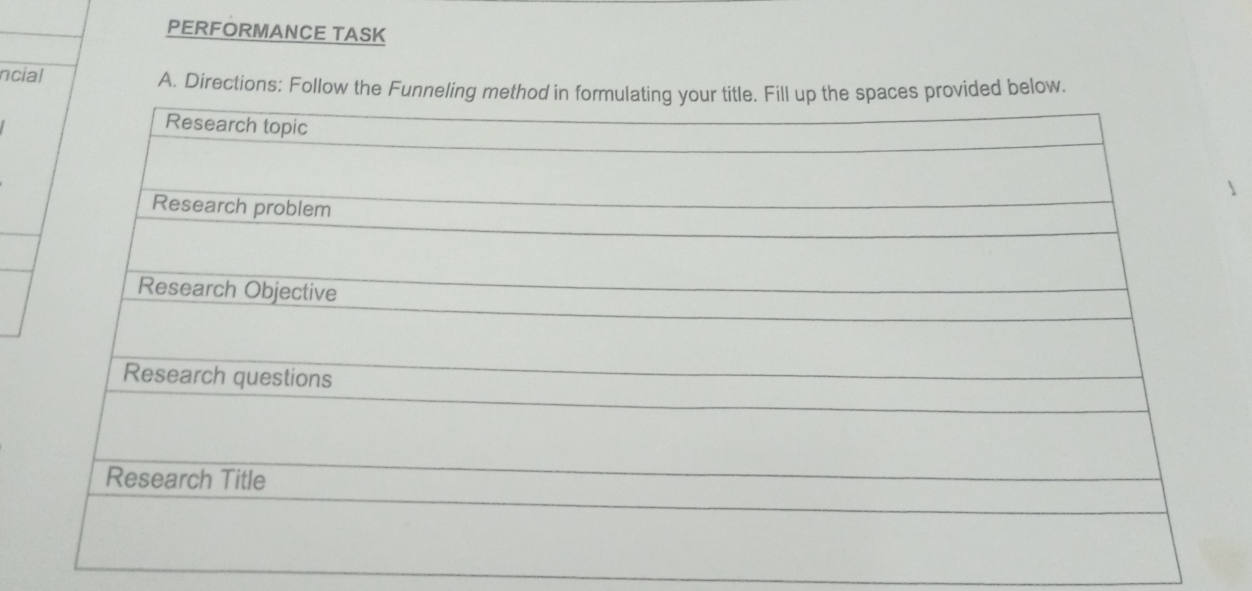 PERFORMANCE TASK A. Directions: Follow the Funneling method in ...