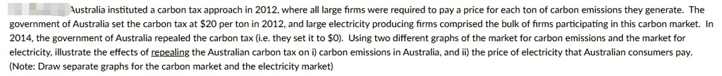 Australia instituted a carbon tax approach in 2012, where all large firms were required to pay a price for each ton of carbon emissions they generate. The government of Australia set the carbon tax at 20 per ton in 2012, and large electricity producing firms comprised the bulk of firms participating in this carbon market. In 2014, the government of Australia repealed the carbon tax (i.e. they set it to0). Using two different graphs of the market for carbon emissions and the market for electricity, illustrate the effects of repealing the Australian carbon tax on i) carbon emissions in Australia, and ii) the price of electricity that Australian consumers pay. 
(Note: Draw separate graphs for the carbon market and the electricity market)