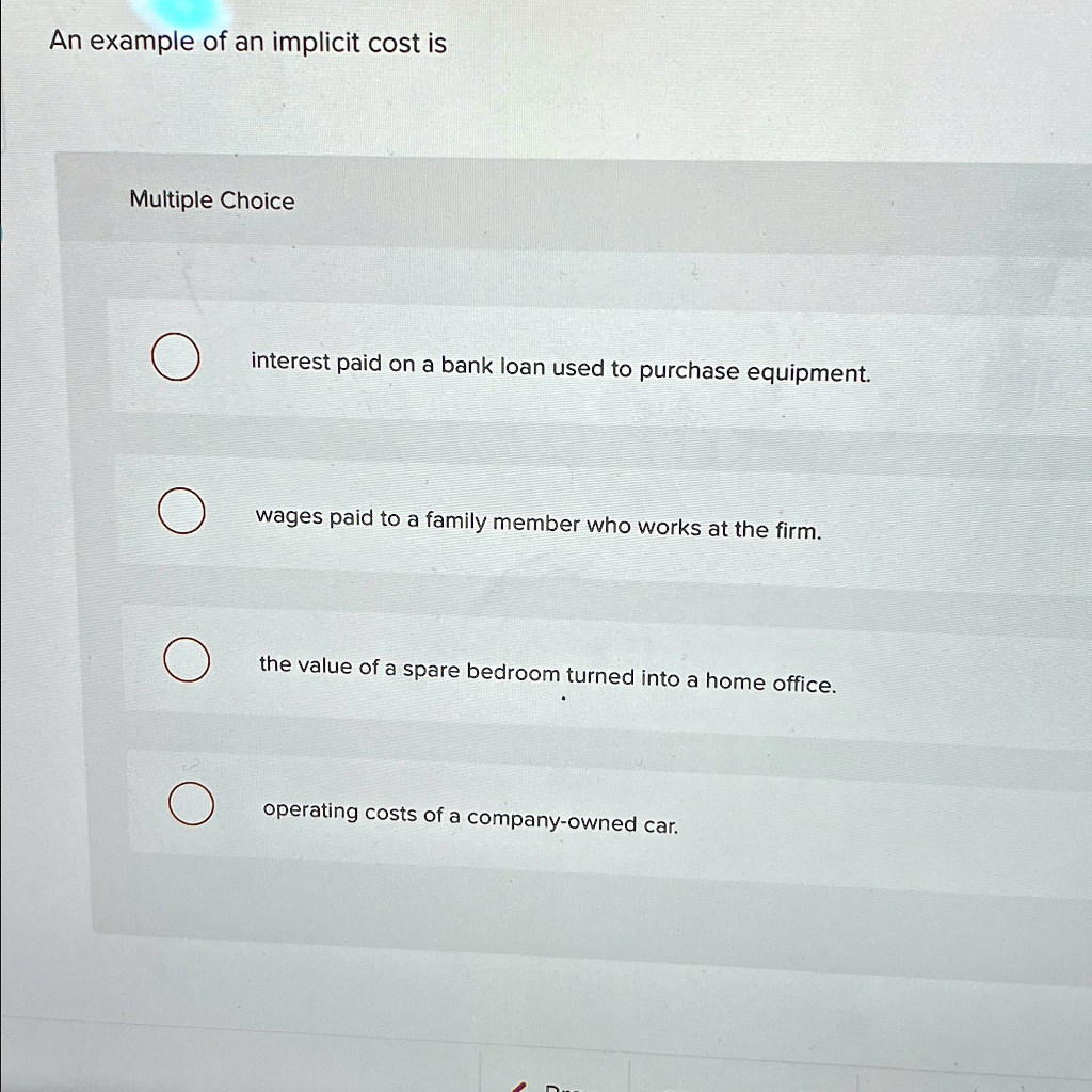 An example of an implicit cost is Multiple Choice interest paid on a bank  loan used
