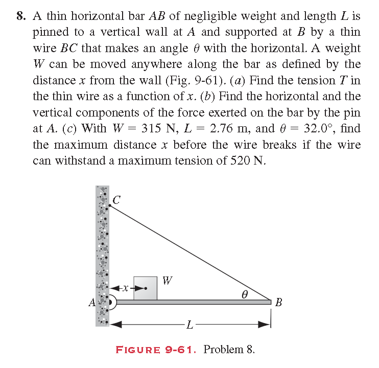 8. A thin horizontal bar ( A B ) of negligible weight and length ( L ) is pinned to a vertical wall at ( A ) and supported at ( B ) by a thin wire ( B C ) that makes an angle ( 	heta ) with the horizontal. A weight ( W ) can be moved anywhere along the bar as defined by the distance ( x ) from the wall (Fig. 9-61). (a) Find the tension ( T ) in the thin wire as a function of ( x .(b) ) Find the horizontal and the vertical components of the force exerted on the bar by the pin at ( A ). (c) With ( W=315 mathrm N, L=2.76 mathrm m ), and ( 	heta=32.0^circ ), find the maximum distance ( x ) before the wire breaks if the wire can withstand a maximum tension of ( 520 mathrm N ).
FIGURE 9-61. Problem 8.