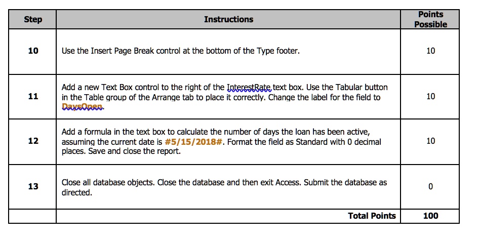 Step
10
11
12
13
Instructions
Use the Insert Page Break control at the bottom of the Type footer.
Add a new Text Box control to the right of the InterestRate text box. Use the Tabular button
in the Table group of the Arrange tab to place it correctly. Change the label for the field to
DaysOpen.
Add a formula in the text box to calculate the number of days the loan has been active,
assuming the current date is #5/15/2018#. Format the field as Standard with 0 decimal
places. Save and close the report.
Close all database objects. Close the database and then exit Access. Submit the database as
directed.
Points
Possible
10
10
10
0
Total Points
100