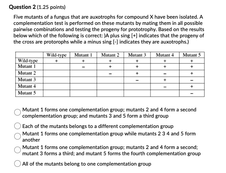 Five mutants of a fungus that are auxotrophs for compound X have been isolated. A complementation test is performed on these mutants by mating them in all possible pairwise combinations and testing the progeny for prototrophy. Based on the results below which of the following is correct: (A plus sign [+] indicates that the progeny of the cross are prototrophs while a minus sign [-] indicates they are auxotrophs.)

Wild-type Mutant 1 Mutant 2 Mutant 3 Mutant 4 Mutant 5
Wild-type + + + + + +
Mutant 1 - + + + +
Mutant 2 - + - +
Mutant 3 - + -
Mutant 4 - +
Mutant 5 -

Mutant 1 forms one complementation group; mutants 2 and 4 form a second complementation group; and mutants 3 and 5 form a third group
Each of the mutants belongs to a different complementation group
Mutant 1 forms one complementation group while mutants 2 3 4 and 5 form another
Mutant 1 forms one complementation group; mutants 2 and 4 form a second; mutant 3 forms a third; and mutant 5 forms the fourth complementation group
All of the mutants belong to one complementation group
