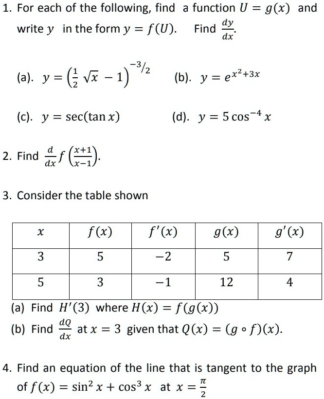 Solved 1 For Each Of The Following Find Function U G X And Write Y In The Form Y F U Find Dy Dx A Y Vx 1 B Y Ex2 3x