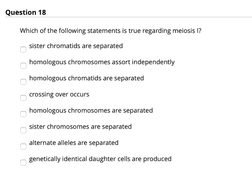 Solved:question 18 Which Of The Following Statements Is True Regarding  Meiosis I? Sister Chromatids Are Separated Homologous Chromosomes Assort  Independently Homologous Chromatids Are Separated Crossing Over Occurs Homologous  Chromosomes Are Separated … Solved:question 18 Which Of The Following Statements Is True Regarding  Meiosis I? Sister Chromatids Are Separated Homologous Chromosomes Assort  Independently Homologous Chromatids Are Separated Crossing Over Occurs Homologous  Chromosomes Are Separated …