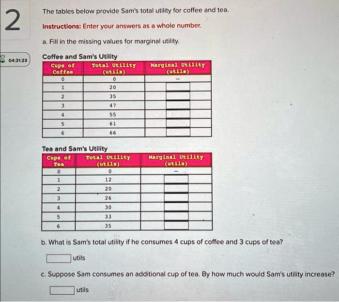 SOLVED The tables below provide Sam's total utility for coffee and tea