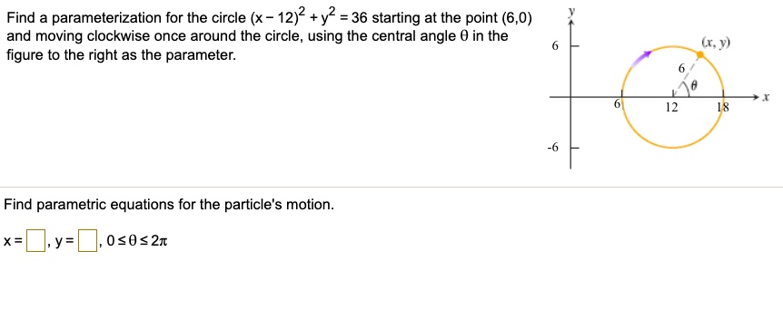 SOLVED: Find parameterization for the circle (x - 12)2 y2 = 36 starting ...