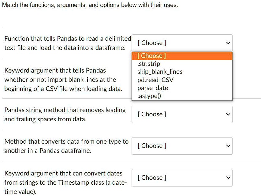 SOLVED: Text: Match the functions, arguments, and options below with ...