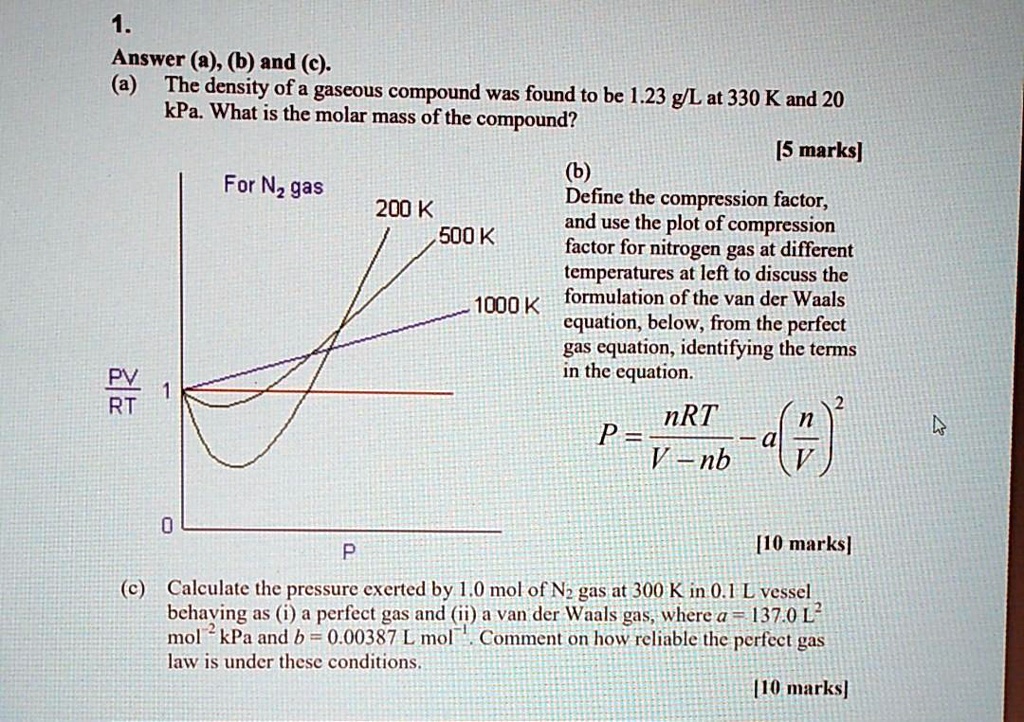 1.
Answer (a), (b) and (c).
(a) The density of a gaseous compound was found to be 1.23 g/L at 330 K and 20 kPa. What is the molar mass of the compound?
[5 marks]
(b)
Define the compression factor, and use the plot of compression factor for nitrogen gas at different temperatures at left to discuss the formulation of the van der Waals equation, below, from the perfect gas equation, identifying the terms in the equation.
P = nRT / (V - nb) - a(n/V)^2
[10 marks]
(c) Calculate the pressure exerted by 1.0 mol of N2 gas at 300 K in 0.1 L vessel behaving as (i) a perfect gas and (ii) a van der Waals gas, where a = 137.0 L^2 mol^-2 kPa and b = 0.00387 L mol^-1. Comment on how reliable the perfect gas law is under these conditions.
[10 marks]