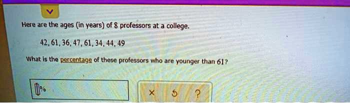 Here are the ages (in years) of 8 professors at a college.

42, 61, 36, 47, 61, 34, 44, 49

What is the percentage of these professors who are younger than 61?