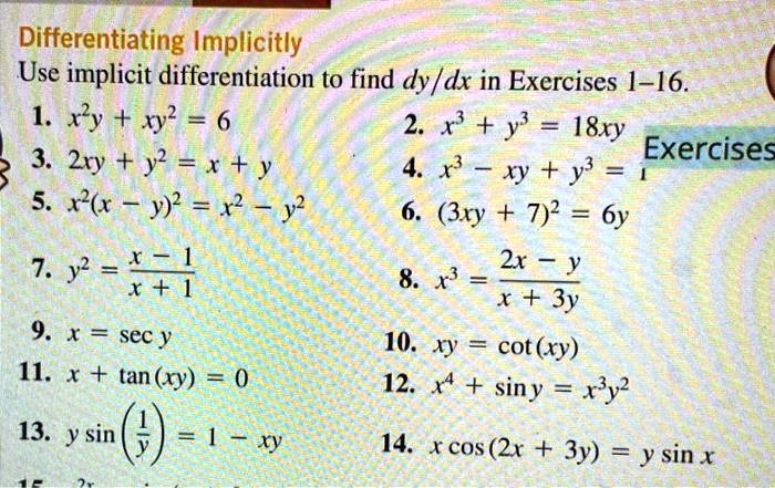 Solved Differentiating Implicitly Use Implicit Differentiation T0 Find Dy Dx In Exercises 1 16 1 Xy Xy2 2 X Y 8xy 3 Exercises Zry Y X 4 X Xy