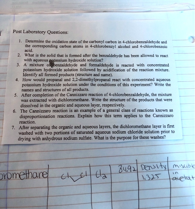 Post Laboratory Questions:

1. Determine the oxidation state of the carbonyl carbon in 4-chlorobenzaldehyde and the corresponding carbon atoms in 4-chlorobenzyl alcohol and 4-chlorobenzoic acid.
2. What is the solid that is formed after the benzaldehyde has been allowed to react with aqueous potassium hydroxide solution?
3. A mixture of benzaldehyde and formaldehyde is reacted with concentrated potassium hydroxide solution followed by acidification of the reaction mixture. Identify all formed products (structure and name).
4. How would propanal and 2,2-dimethylpropanal react with concentrated aqueous potassium hydroxide solution under the conditions of this experiment? Write the names and structures of all products.
5. After completion of the Cannizzaro reaction of 4-chlorobenzaldehyde, the mixture was extracted with dichloromethane. Write the structure of the products that were dissolved in the organic and aqueous layer, respectively.
6. The Cannizzaro reaction is an example of a general class of reactions known as disproportionation reactions. Explain how this term applies to the Cannizzaro reaction.
7. After separating the organic and aqueous layers, the dichloromethane layer is first washed with two portions of saturated aqueous sodium chloride solution prior to drying with anhydrous sodium sulfate. What is the purpose for these washes?
