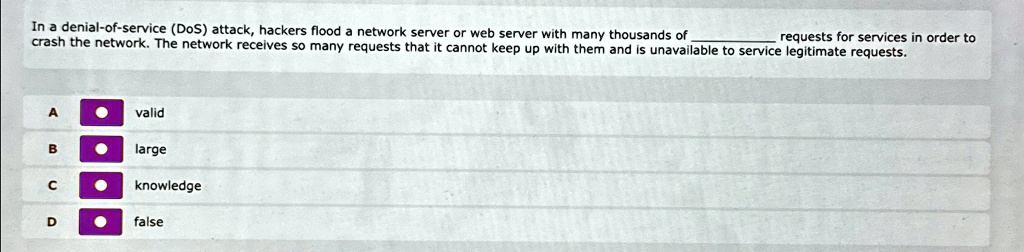 In a denial-of-service (DoS) attack, hackers flood a network server or web server with many thousands of  requests for services in order to crash the network. The network receives so many requests that it cannot keep up with them and is unavailable to service legitimate requests.
A
valid
B
large
C
knowledge
D
false
