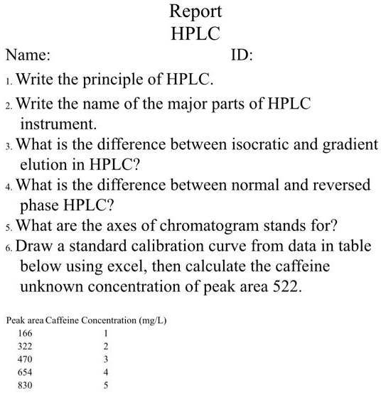 SOLVED Report HPLC Name ID= Write the principle of HPLC Write the
