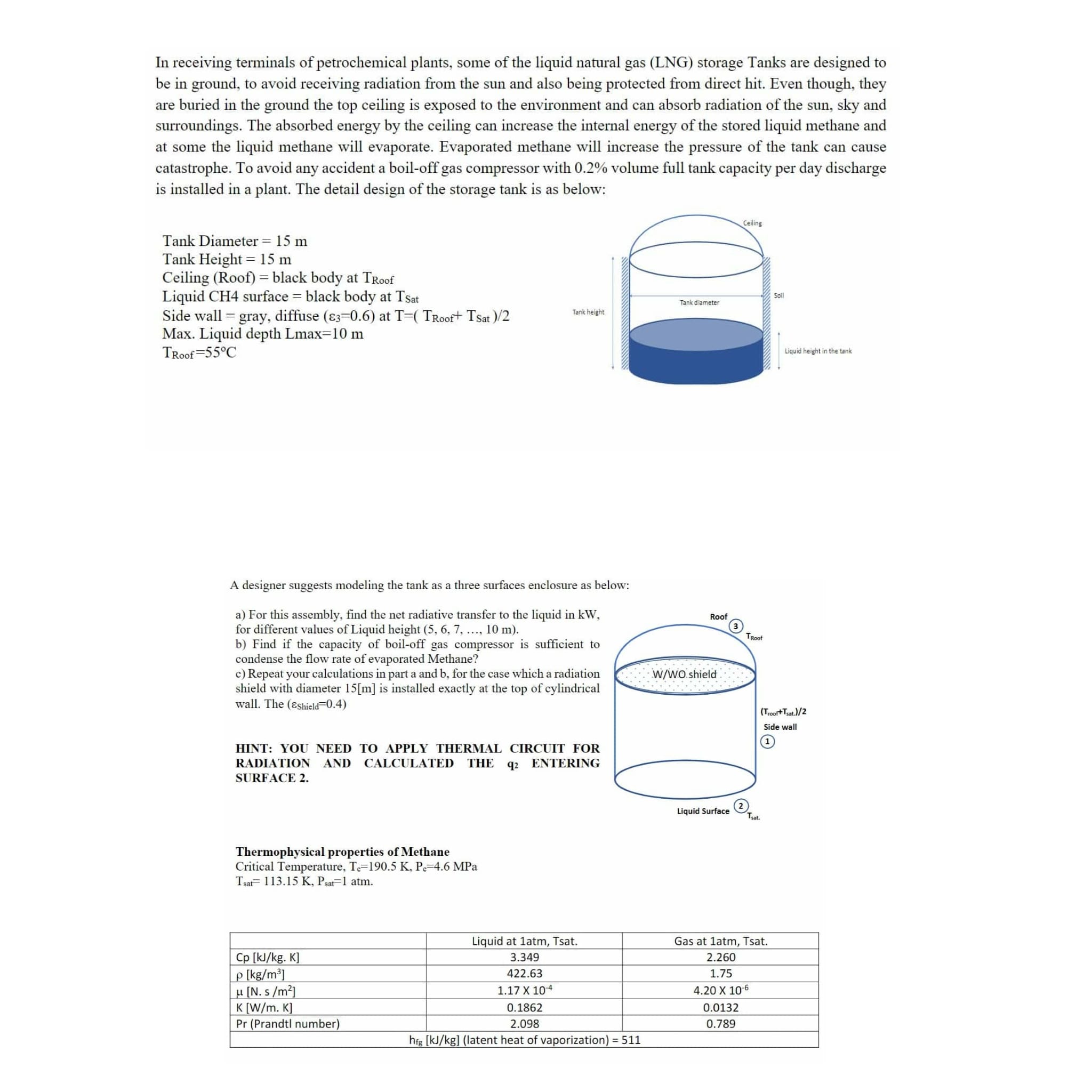 In receiving terminals of petrochemical plants, some of the liquid natural gas (LNG) storage Tanks are designed to be in ground, to avoid receiving radiation from the sun and also being protected from direct hit. Even though, they are buried in the ground the top ceiling is exposed to the environment and can absorb radiation of the sun, sky and surroundings. The absorbed energy by the ceiling can increase the internal energy of the stored liquid methane and at some the liquid methane will evaporate. Evaporated methane will increase the pressure of the tank can cause catastrophe. To avoid any accident a boil-off gas compressor with 0.2% volume full tank capacity per day discharge is installed in a plant. The detail design of the storage tank is as below:

Tank Diameter = 15 m
Tank Height = 15 m
Ceiling (Roof) = black body at TRoof
Liquid CH4 surface = black body at TSat
Side wall = gray, diffuse (?3=0.6) at T=( TRoof+ TSat )/2
Max. Liquid depth Lmax=10 m
TRoof=55°C

A designer suggests modeling the tank as a three surfaces enclosure as below:

a) For this assembly, find the net radiative transfer to the liquid in kW, for different values of Liquid height (5, 6, 7, ..., 10 m).
b) Find if the capacity of boil-off gas compressor is sufficient to condense the flow rate of evaporated Methane?
c) Repeat your calculations in part a and b, for the case which a radiation shield with diameter 15[m] is installed exactly at the top of cylindrical wall. The (?Shield=0.4)

HINT: YOU NEED TO APPLY THERMAL CIRCUIT FOR RADIATION AND CALCULATED THE q2 ENTERING SURFACE 2.

Thermophysical properties of Methane
Critical Temperature, Tc=190.5 K, Pc=4.6 MPa
Tsat= 113.15 K, Psat=1 atm.

| | Liquid at 1atm, Tsat. | Gas at 1atm, Tsat. |
| :— | :—: | :—: |
| Cp [kJ/kg. K] | 3.349 | 2.260 |
| ? [kg/m³] | 422.63 | 1.75 |
| ? [N. s /m²] | 1.17 X 10?? | 4.20 X 10?? |
| K [W/m. K] | 0.1862 | 0.0132 |
| Pr (Prandtl number) | 2.098 | 0.789 |
| hfg [kJ/kg] (latent heat of vaporization) = 511 | | |