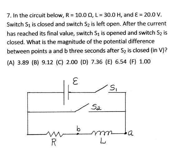 SOLVED7. In the circuit below, R = 10.0 0, L= 30.0 H, and â‚¬ = 20.0 V