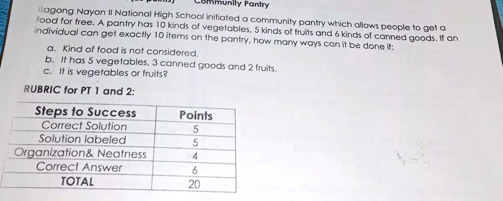 Bagong Nayon II National High School initiated a community pantry which allows people to get a food for free. A pantry has 10 kinds of vegetables, 5 kinds of fruits and 6 kinds of canned goods. If an individual can get exactly 10 items on the pantry, how many ways can it be done if:
a. Kind of food is not considered.
b. It has 5 vegetables, 3 canned goods and 2 fruits.
c. It is vegetables or fruits?
RUBRIC for PT 1 and 2:
Steps to Success
Correct Solution
Solution labeled
Organization     Neatness
Correct Answer
TOTAL
Points
5
5
4
6
20