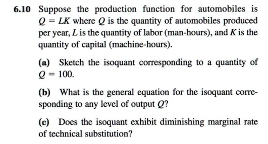 6.10 Suppose the production function for automobiles is Q= LK where Q ...