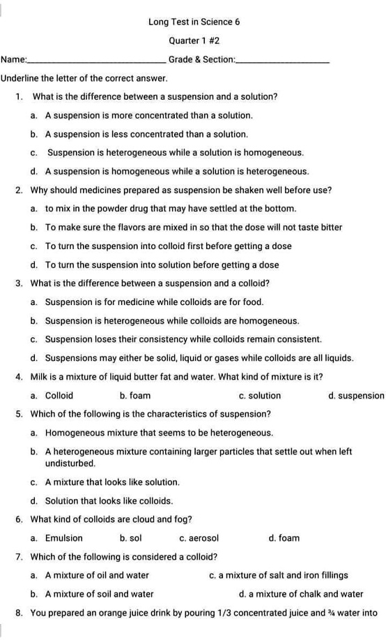 SOLVED Subject Science Help Long Test in Science Quarter Name Grade