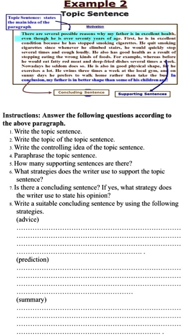 SOLVED: Example 2 Topic Sentence: States the main idea of the paragraph ...
