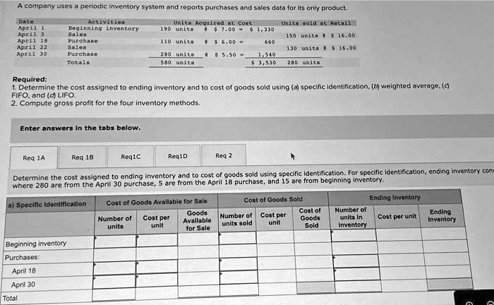 a company uses a periodic inventory system and reports purchases and sales data for its only product date activities uniteacquiredatcoeti unitoid atnetail april1 beginning inventory 190 uni 13319