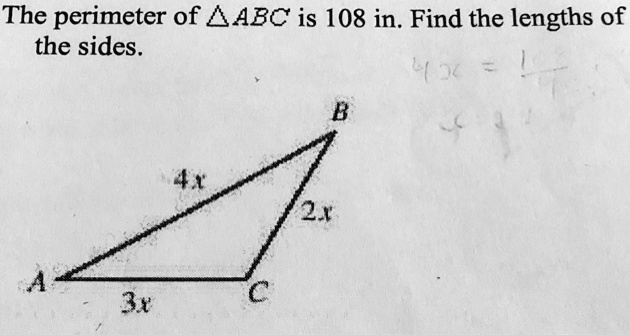 the perimeter of aabc is 108 in find the lengths of the sides b 2 3t 23358