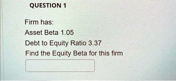 QUESTION 1
Firm has:
Asset Beta 1.05
Debt to Equity Ratio 3.37
Find the Equity Beta for this firm