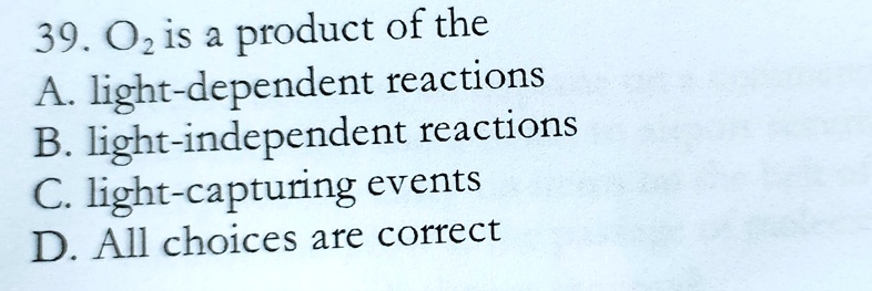 39. O? is a product of the
A. light-dependent reactions
B. light-independent reactions
C. light-capturing events
D. All choices are correct
