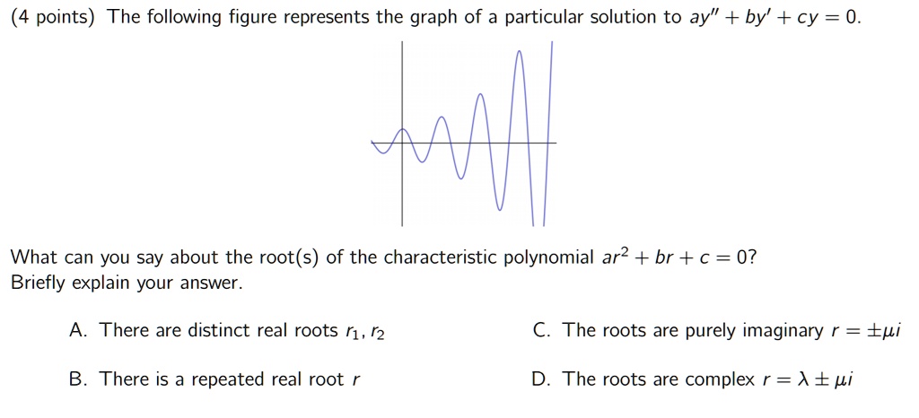The following figure represents the graph of a particular solution to ay” + by' + cy = 0. What can you say about the root(s) of the characteristic polynomial ar^2 + br + c = 0? Briefly explain your answer. A. There are distinct real roots r1, r2 C. The roots are purely imaginary r = ±?i B. There is a repeated real root r D. The roots are complex r = ? ± ?i
