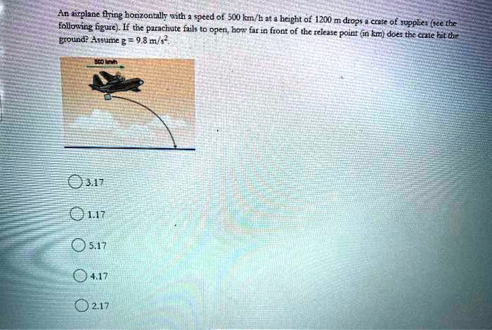 An airplane flying horizontally with a speed of 500 km/h at a height of 1200 m drops a crate of supplies (see the following figure). If the parachute fails to open, how far in front of the release point (in km) does the crate hit the ground? Assume g = 9.8 m/s^2.

3.17
1.17
5.17
4.17
2.17