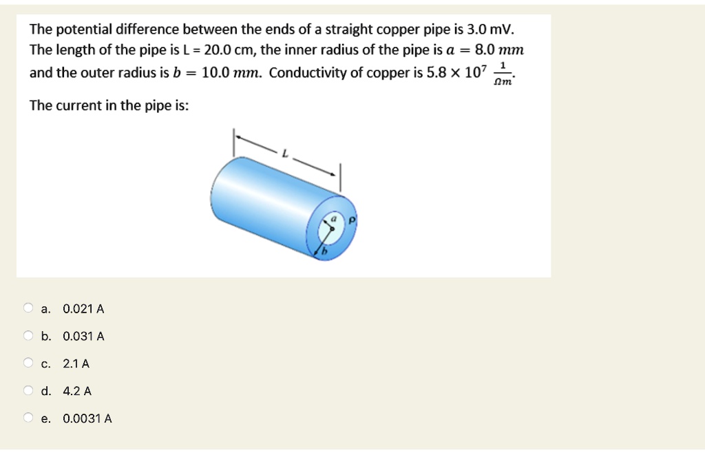 The potential difference between the ends of a straight copper pipe is ...
