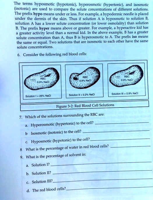 SOLVED: The terms hyposmotic (hypotonic), hyperosmotic (hypertonic), and  isosmotic (isotonic) are used to compare the solute concentrations of  different solutions. The prefix hypo means under or less. For example, a  hypodermic needle