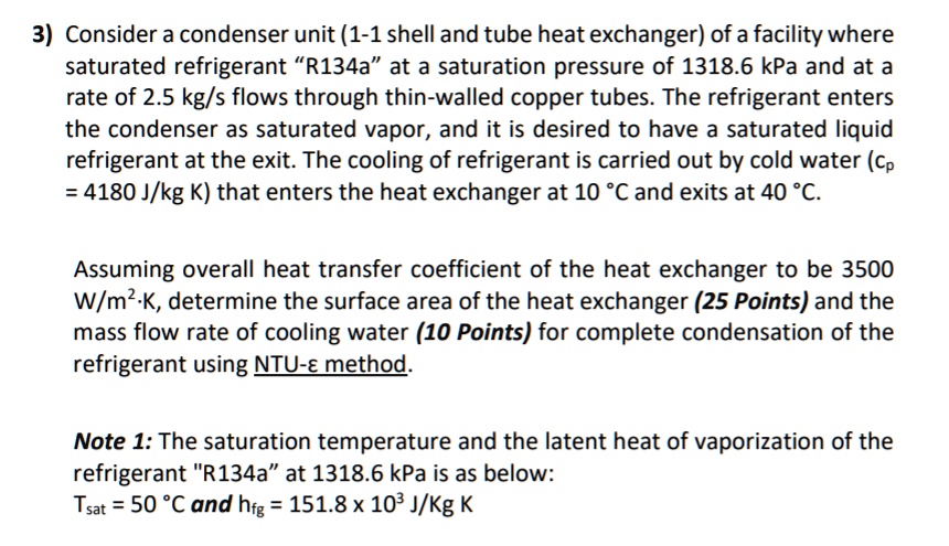 SOLVED: 3) Consider a condenser unit (1-1 shell and tube heat exchanger ...