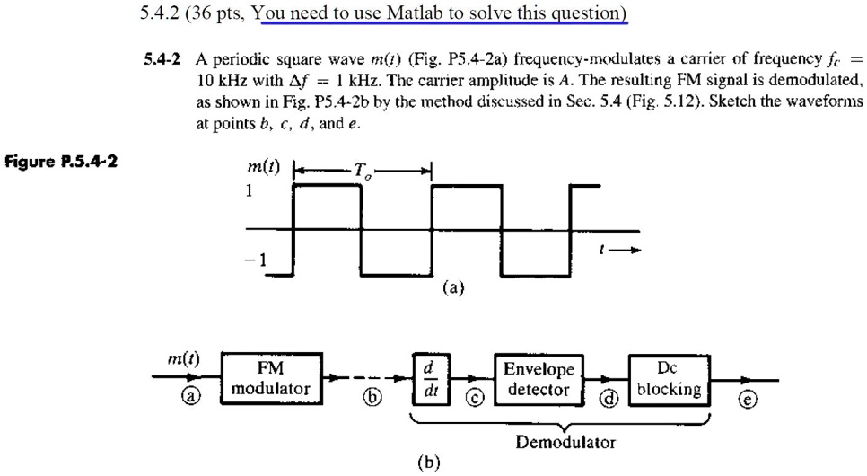 5.4-2 A periodic square wave m(t) (Fig. P5.4-2a) frequency-modulates a carrier of frequency fc = 10 kHz with ?f = 1 kHz. The carrier amplitude is A. The resulting FM signal is demodulated, as shown in Fig. P5.4-2b by the method discussed in Sec. 5.4 (Fig. 5.12). Sketch the waveforms at points b, c, d, and e.