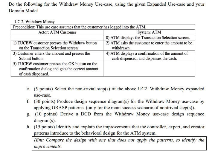 Do the following for the Withdraw Money Use-case, using the given Expanded Use-case and your Domain Model
UC 2. Withdraw Money
Precondition: This use case assumes that the customer has logged into the ATM.
Actor: ATM Customer
System: ATM
0) ATM displays the Transaction Selection screen.
1) TUCBW customer presses the Withdraw button on the Transaction Selection screen.
2) ATM asks the customer to enter the amount to be withdrawn.
3) Customer enters the amount and presses the Submit button.
4) ATM displays a confirmation of the amount of cash dispensed, and dispenses the cash.
5) TUCEW customer presses the OK button on the confirmation dialog and gets the correct amount of cash dispensed.
e. (5 points) Select the non-trivial step(s) of the above UC2. Withdraw Money expanded use-case.
f. (30 points) Produce design sequence diagram(s) for the Withdraw Money use-case by applying GRASP patterns. (only for the main success scenario of nontrivial step(s)).
g. (10 points) Derive a DCD from the Withdraw Money use-case design sequence diagram(s).
h. (15 points) Identify and explain the improvements that the controller, expert, and creator patterns introduce to the behavioral design for the ATM system.
Hint: Compare the design with one that does not apply the patterns, to identify the improvements.