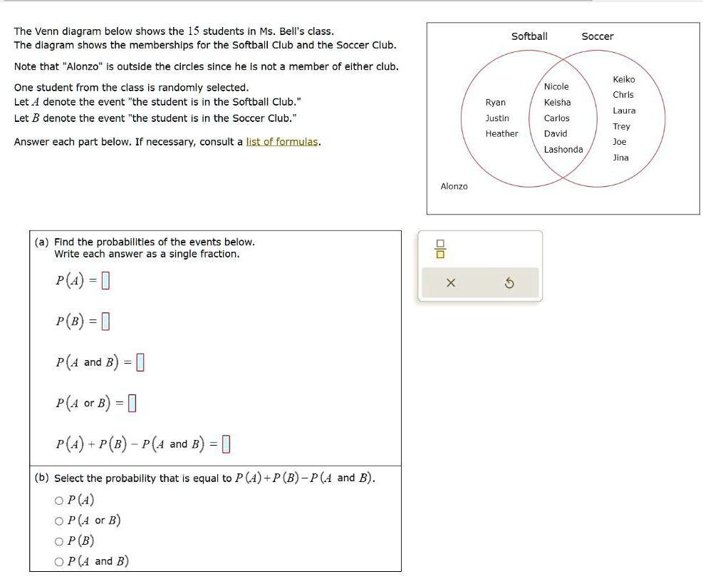 The Venn diagram below shows the 15 students in Ms. Bell's class. The ...
