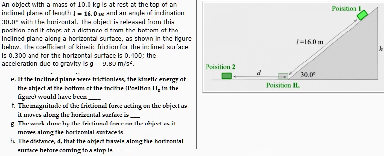 An object with a mass of 10.0 kg is at rest at the top of an inclined plane of length l = 16.0 m and an angle of inclination 30.0° with the horizontal. The object is released from this position and it stops at a distance d from the bottom of the inclined plane along a horizontal surface, as shown in the figure below. The coefficient of kinetic friction for the inclined surface is 0.300 and for the horizontal surface is 0.400; the acceleration due to gravity is g = 9.80 m/s².
e. If the inclined plane were frictionless, the kinetic energy of the object at the bottom of the incline (Position Ho in the figure) would have been 
f. The magnitude of the frictional force acting on the object as it moves along the horizontal surface is 
g. The work done by the frictional force on the object as it moves along the horizontal surface is 
h. The distance, d, that the object travels along the horizontal surface before coming to a stop is 