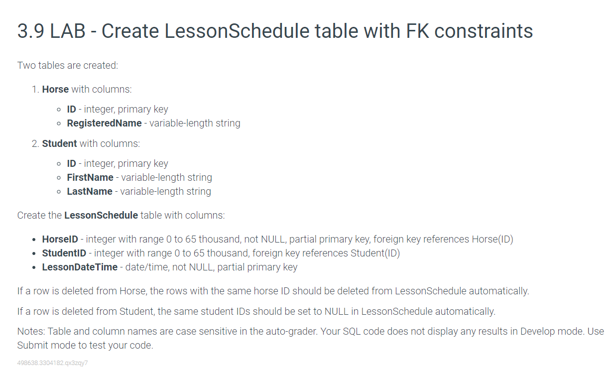 3.9 LAB Create LessonSchedule table with FK constraints Two tables