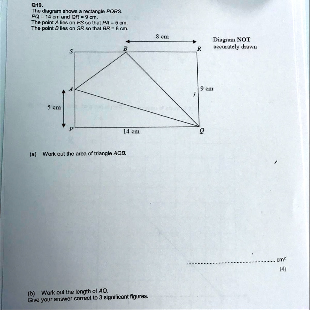 The diagram shows a rectangle PQRS. PQ = 14 cm and QR = 9 cm. The point ...