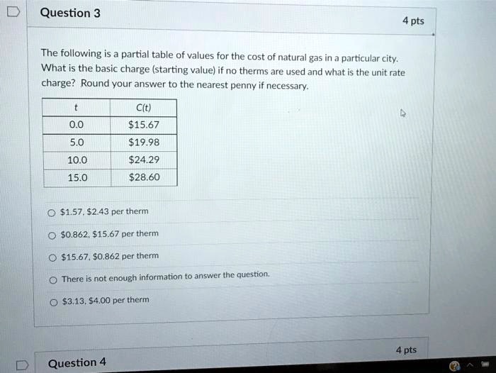 SOLVED: The following is a partial table of values for the cost of ...