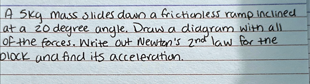 A 5kg mass slides down a frictionless ramp inclined at a 20 degree angle. Draw a diagram with all of the forces. Write out Newton's 2nd law for the block and find its acceleration.