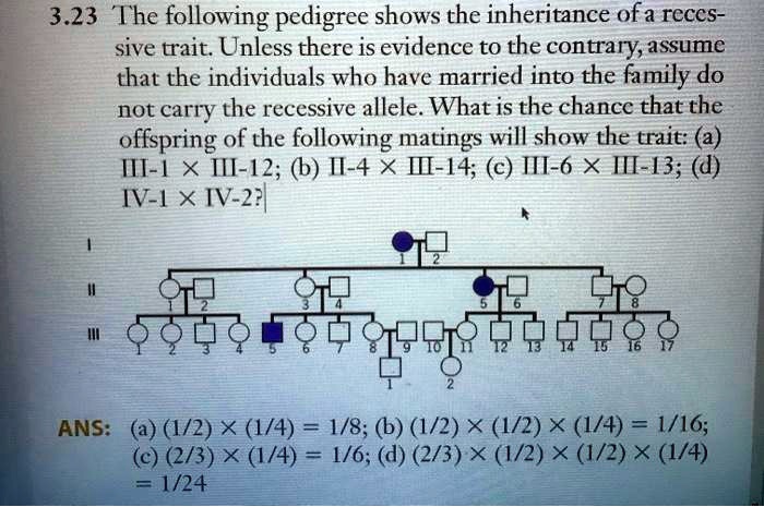 3.23 The following pedigree shows the inheritance of a recessive trait. Unless there is evidence to the contrary, assume that the individuals who have married into the family do not carry the recessive allele. What is the chance that the offspring of the following matings will show the trait: (a) III-1 × III-12; (b) II-4 × III-14; (c) III-6 × III-13; (d) IV-1 × IV-2?

ANS: (a) (1/2) × (1/4) = 1/8; (b) (1/2) × (1/2) × (1/4) = 1/16; (c) (2/3) × (1/4) = 1/6; (d) (2/3) × (1/2) × (1/2) × (1/4) = 1/24
