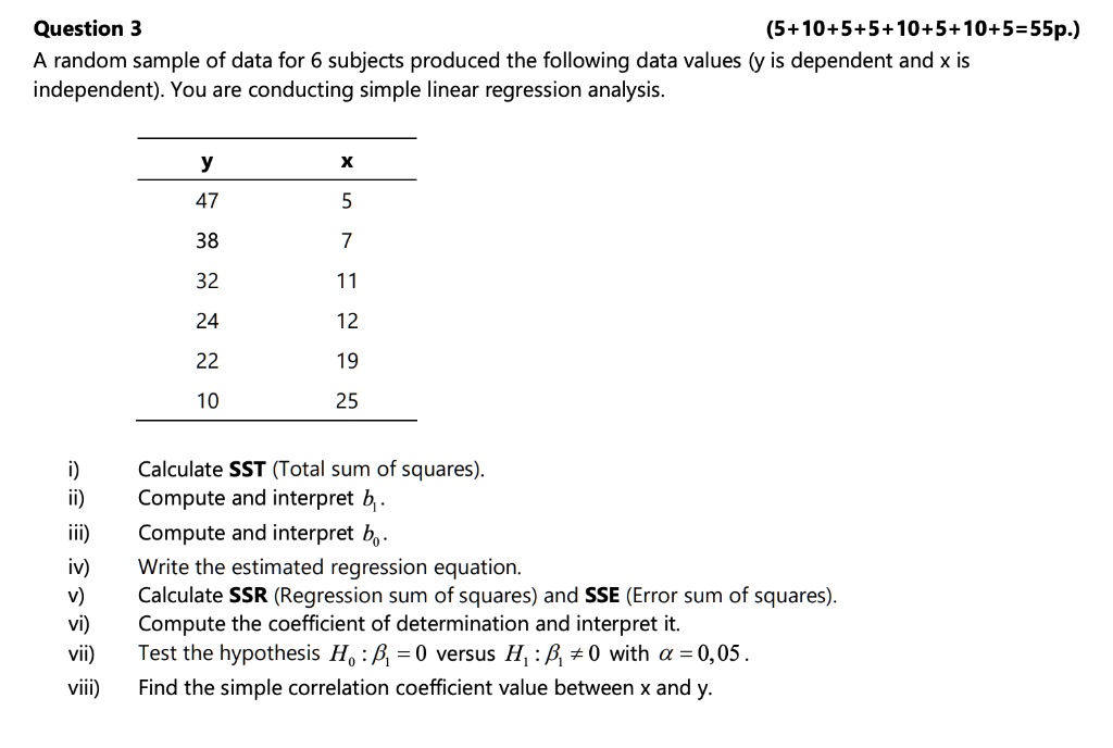 SOLVED: Question 3 (5+10+5+5+10+5+10+5=55p.) A random sample of data ...