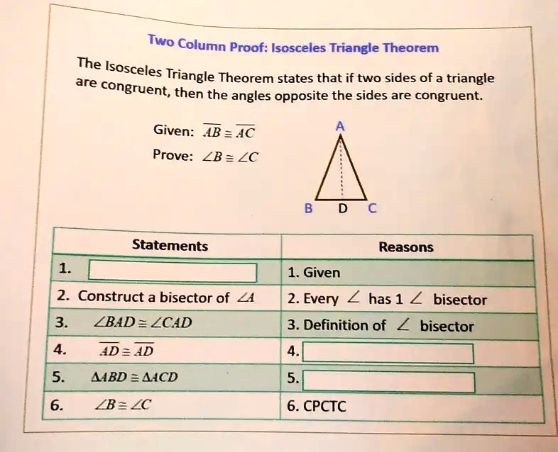 SOLVED: Two Column Proof: Isosceles Triangle Theorem The Isosceles ...