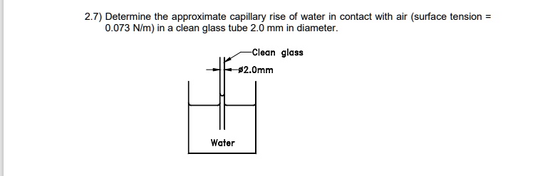 2.7) Determine the approximate capillary rise of water in contact with air (surface tension = 0.073 N/m) in a clean glass tube 2.0 mm in diameter.
