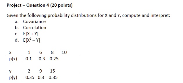 Given the following probability distributions for X and Y, compute and interpret:
a. Covariance
b. Correlation
c. E[X + Y]
d. E[X² – Y]

x | 1 6 8 10
p(x) | 0.1 0.3 0.25

y | 2 9 15
p(y) | 0.35 0.3 0.35