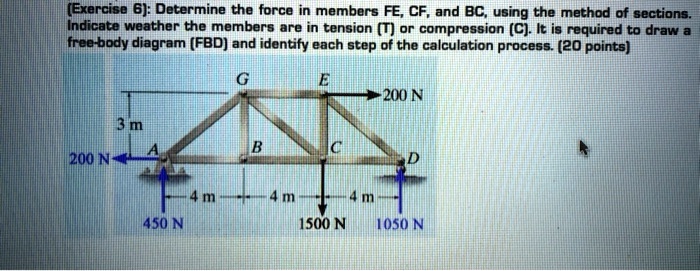 (Exercise 6): Determine the force in members FE, CF, and BC, using the method of sections.
Indicate weather the members are in tension (T) or compression (C). It is required to draw a
free-body diagram (FBD) and identify each step of the calculation process. (20 points)